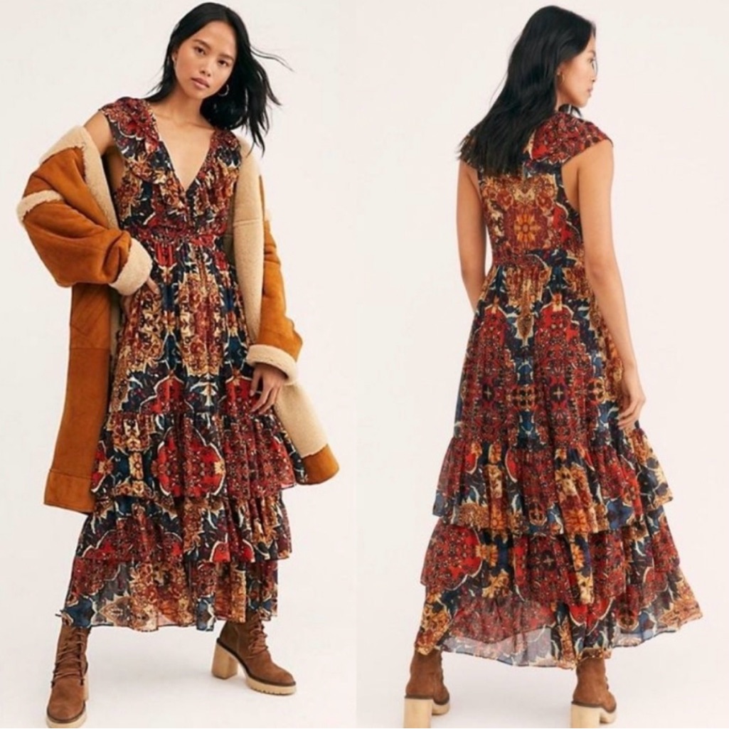 Free People Wear It Out Tiered Floral Maxi Dress In Rust Mix